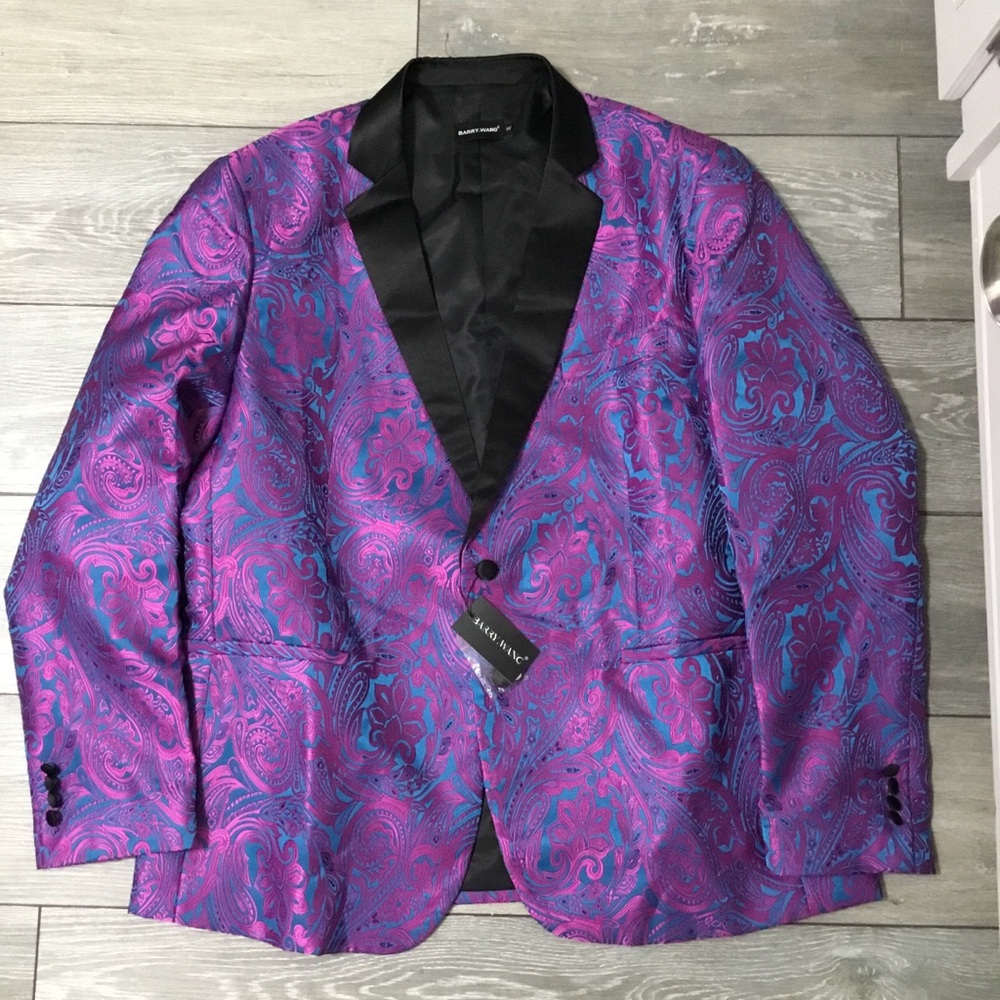NWT BARRY.WANG Paisley Royal Purple Jacquard Blazer Suit Tuxedo Jacket XL